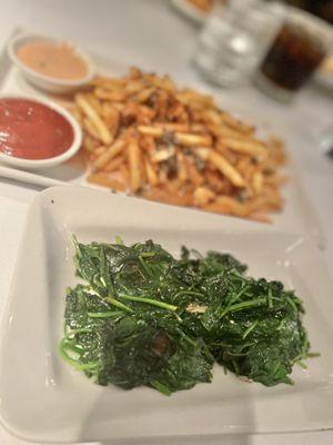 Sautéed spinach and truffle fries huge portion on the fries