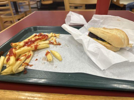 Got me a spicy hot link sandwich and fries ,mmmmmmmmmmm good