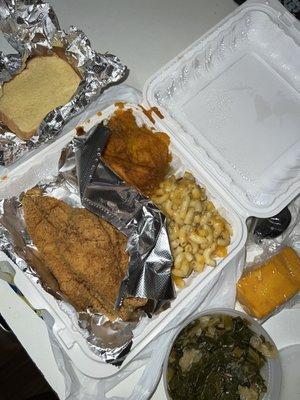 Fried Fish Platter - fried whiting, candied yams, Mac n cheese, collards/cabbage mixture, cornbread, & potato bread.