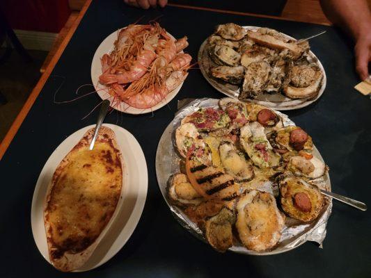 All Appetizers....Pound of Royal Reds, Seafood Dip, Charbrould Oysters and Sampler of the baked cajun/rockefeller/parmigan oysters....