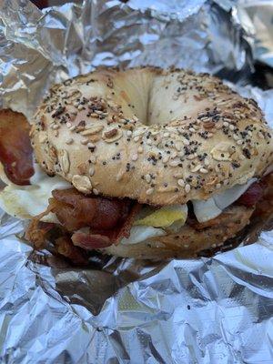 Bacon egg and cheese on an everything bagel