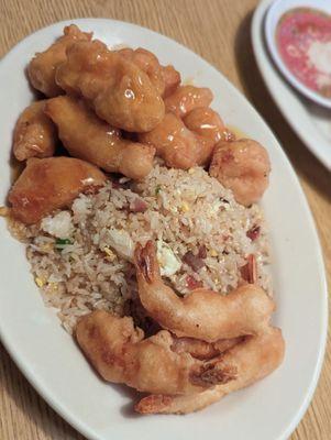 Combination plate: Orange Chicken, pork fried rice and fried shrimp