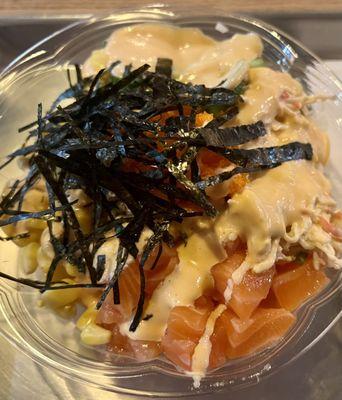 2 Proteins Bowl - Salmon, Spicy Crabmeat, Sweet Corn, Masago, Cucumber, and Shredded Nori with Sriracha Aioli