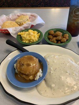 Country fried steak, mnc, okra and mashed potatoes! Delicious!