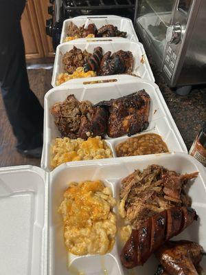 Pulled Pork, Mac&Cheese, hot link, chicken, bbq beans