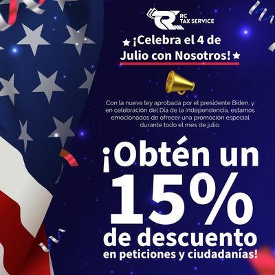 Solo en Julio! 15%OFF en el fee de peticiones de familiares y aplicaciones de ciudadanía!! RC Tax Service Haines City te espera!!