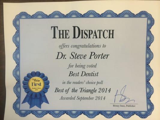 Voted Best Dentist in the Golden Triangle in readers' choice poll of The Dispatch. Dr. Steve Porter