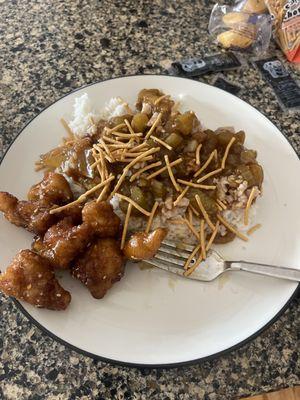 Sesame chicken and chicken chow main.