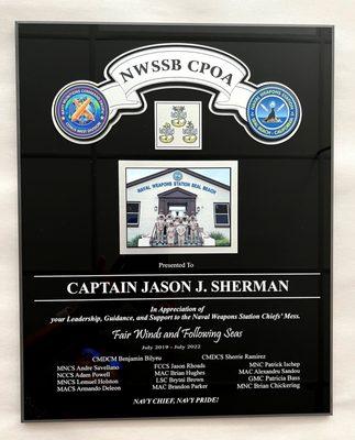 12x15x3/8" Black Acrylic Plaque /bevel. Lettering: Silver paint filled.
 Custom design