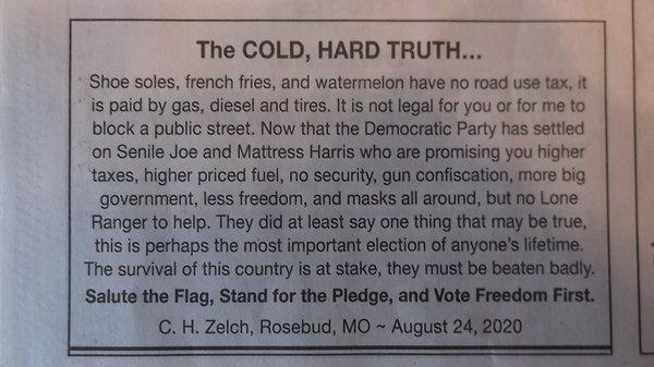 Ad placed by Clyde H Zelch in the Gasconade County Republican newspaper in Owensville, MO.