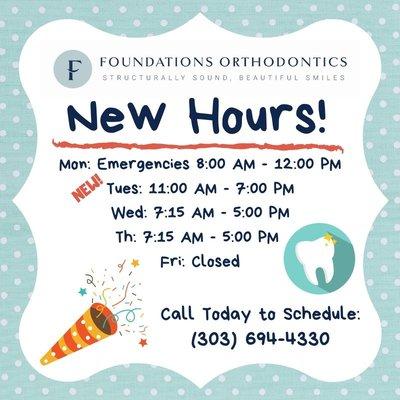 NEW Evening Hours! We will now be open 11:00 AM - 7:00 PM on Tuesdays. Call today to schedule your FREE consult: (303)694-4330