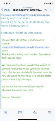 Emails clearly stating no markups like "other" dealers