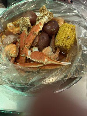 Sausage Special 1/2 pound shrimp, 1/2 pound crab legs, 1/2 pound sausage with potatoes and corn.