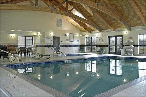 The indoor heated pool and whirlpool at the Staybridge Suites Hotel in Eagan, MN is a fun place to relax. The hotel also has free breakfast.