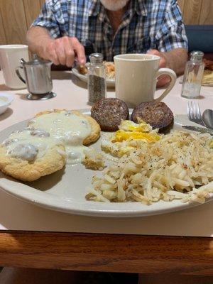 One egg, Sausage, Hashbrowns, Biscuit and side of Gravy