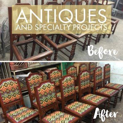 Antique wood chairs repaired and restored with brand new cushions and backing.