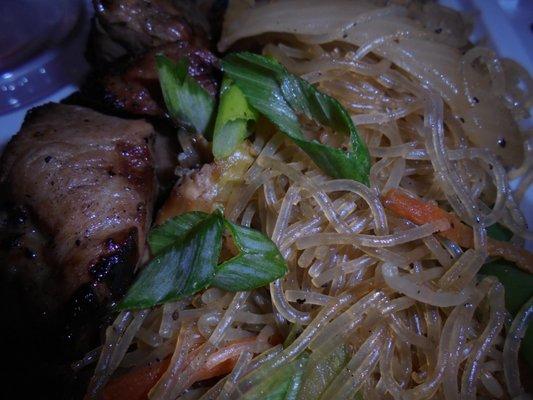 Pancit Combo with pork, close-up.