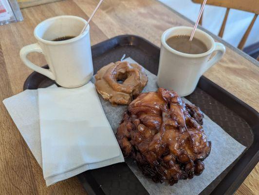 Apple fritter, maple old-fashioned, and two coffees!