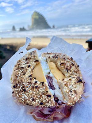 Ego Bego: combo bagel with LOTS of shaved ham, egg, American cheese, and I requested cream cheese. Soooo good!