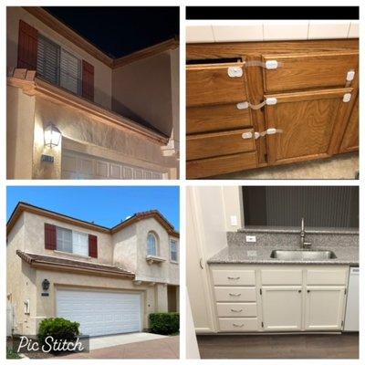 Before: Top
 After: Bottom
 Exterior: shutters & garage door only
 Kitchen: cabinets