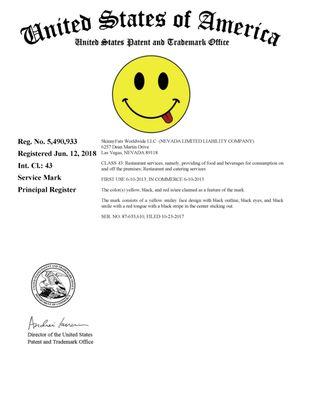 U.S. Trademark Registration for the SkinnyFATS Smiley logo - obtained by Ryan Gile (Gile Law Group)