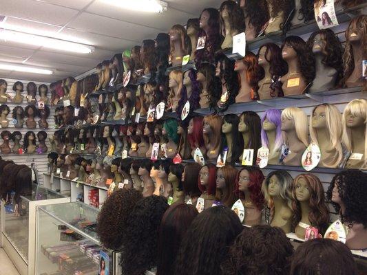 Wide selection of wigs- a handful of  real human hair wigs. Front lace wigs, iron safe wigs, and mixed human half wigs.