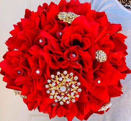 Gorgeous red rose, diamonds, crystal, brooch bridal bouquet