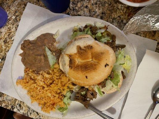 Torta, rice, and beans