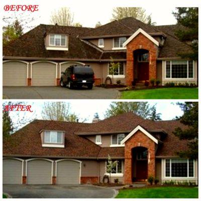 A before and after photo of a shake roof (wood shingles) being re-roofed, sheathed, then installation of Presidential shingles.