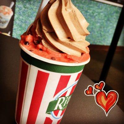 Rita's signature Gelati. Layers of frozen custard and Italian Ice (this one, chocolate covered strawberry Ice and chocolate custard).