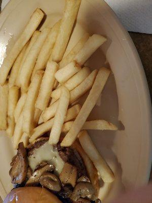 Mushroom and Swiss burger with fries