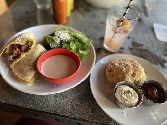 Barbacoa Quesadilla and  jalapeño cheddar biscuit with apple butter