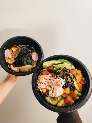 volcano ramen w/o scallions (before the broth) and oki classic bowl *takeout order*