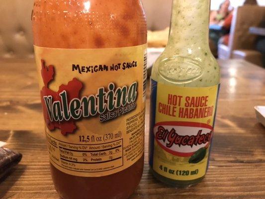 The two table side hot sauces. Valentina and Habinara.