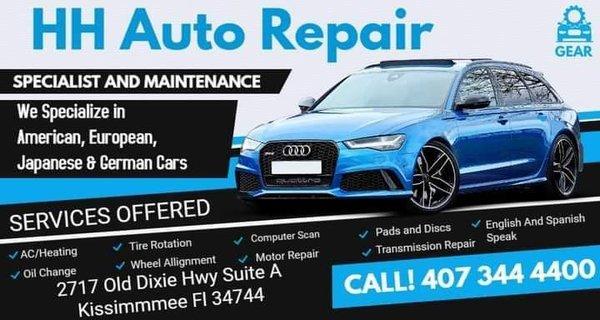 H & H Auto Repair Services: AC/Heating, Oil Change, Tire Rotation, Wheel Alignment, Computer Scan, Pads & Discs, Transmission & Motor Repair