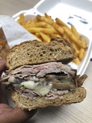 Roast beef mushroom Swiss sub + fries ~ $11