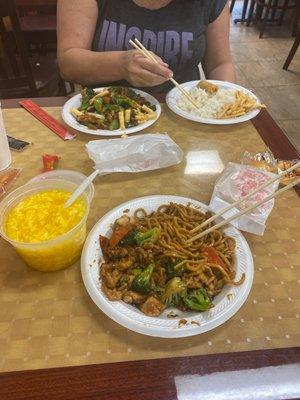 Really great chicken lo mein, and vegetables! Rice is wonderful.