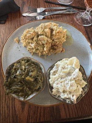 Chicken dressing with loaded potato salad and turnip greens.