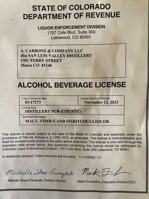 Colorado liquor license No. 1