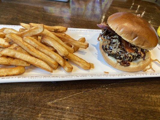 Texas BBQ Bacon Cheeseburger with a side of seasoned fries!