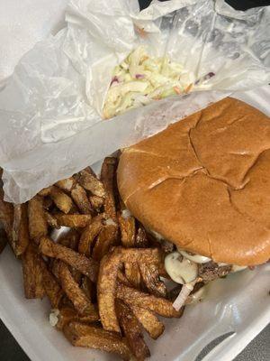 Mushroom Swiss burger with fries to go with