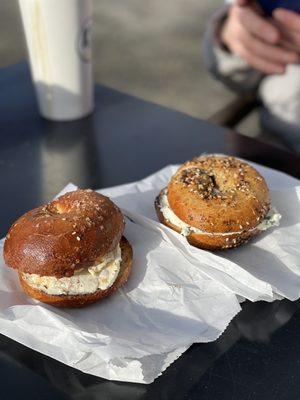 Salt bagel with roasted garlic, everything bagel with chive cream cheese