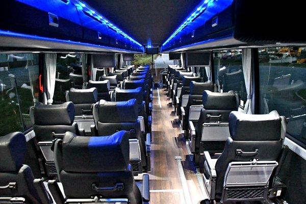 interior of the new LUX bus by Washington Deluxe. Executive service between DC & NYC with more room, reclining seating...