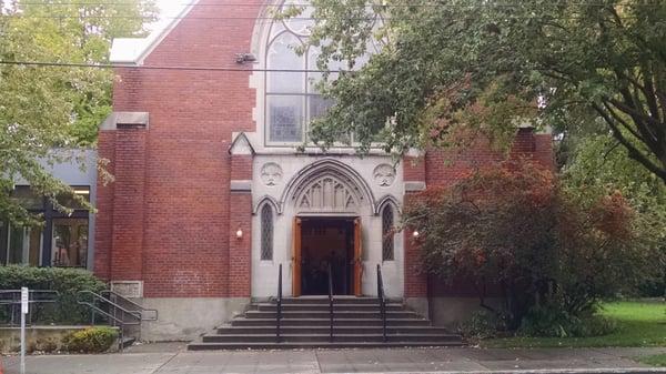 Front of beautiful red brick chapel