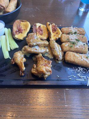 Sampler platter - wings, cheese sticks, potato skins