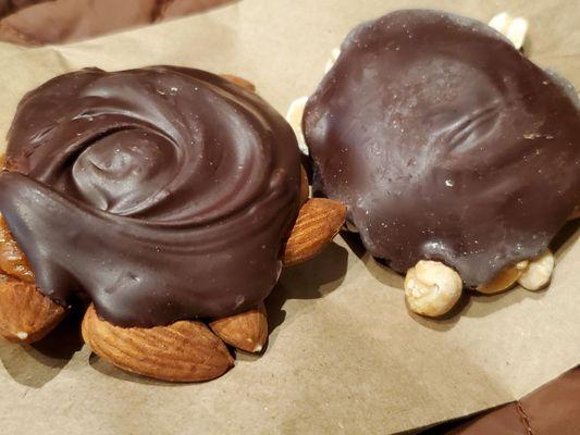 Dark chocolate almond turtle, dark chocolate peanut turtle