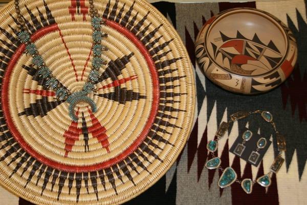 Beautiful Navajo baskets and Hopi Pottery.  Great Selection of Navajo Rugs.