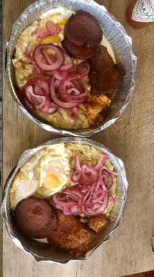 Tres Golpes: salami, eggs, mangu, fried cheese and red onions.