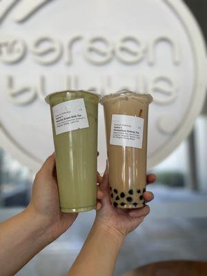 Matcha Green Milk Tea and Osmanthus Oolong with boba