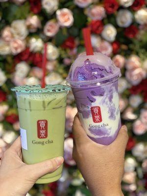 matcha milk tea and purple sweet potato marble smoothie